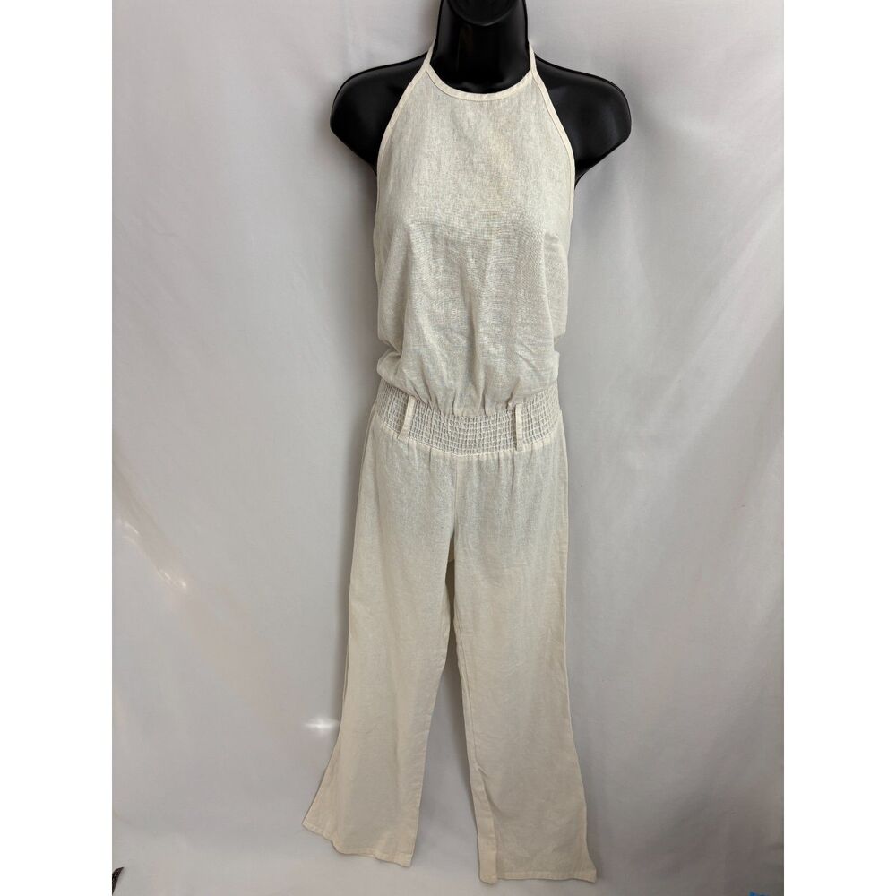 Tropical Wear Long White Halter Jumpsuit Size L Drop Waist Lagenlook Boho Earthy